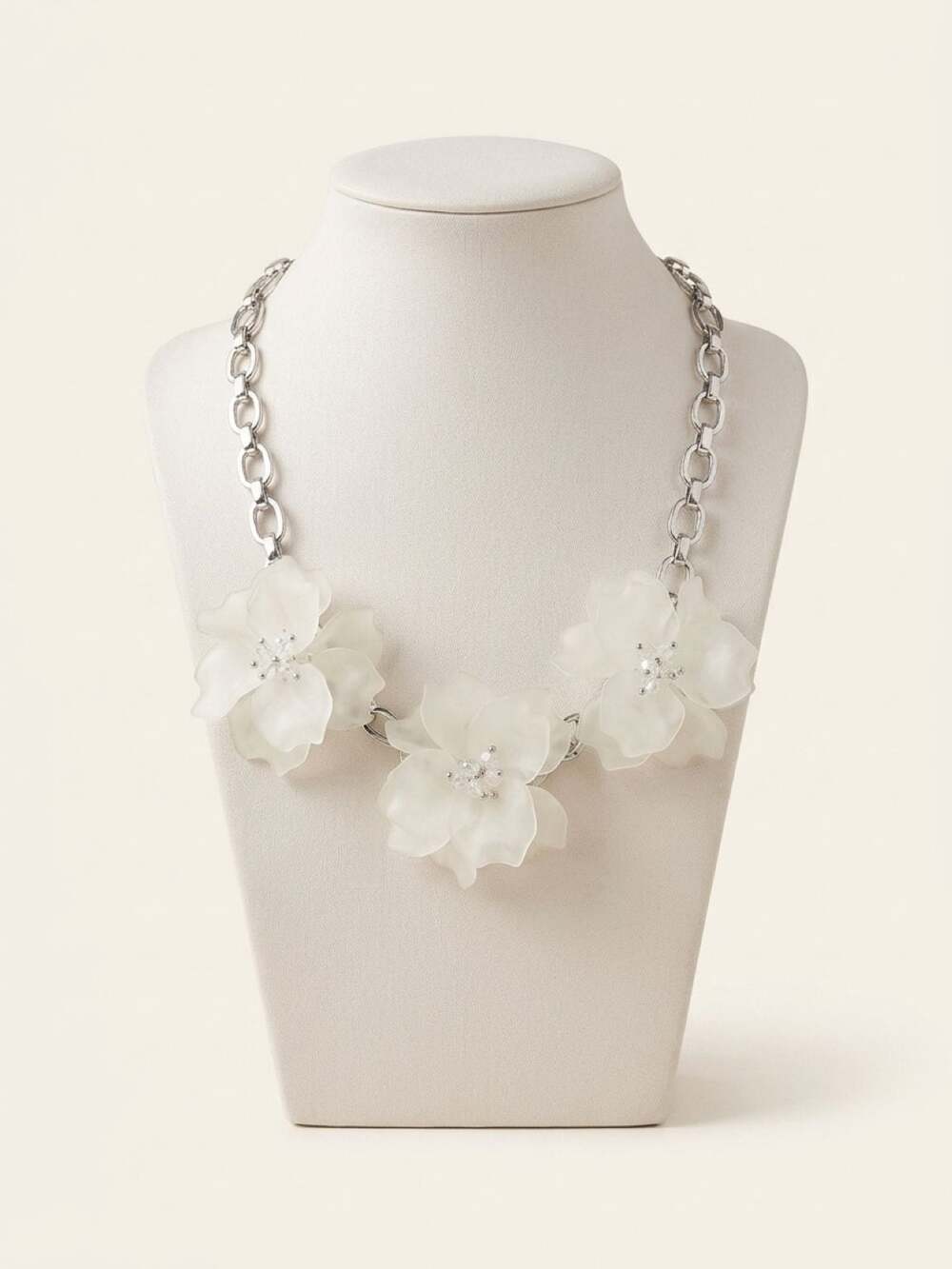 Vintage Frosted Lucite Flower Necklace with Rhinestone Stamens and Silver Tone